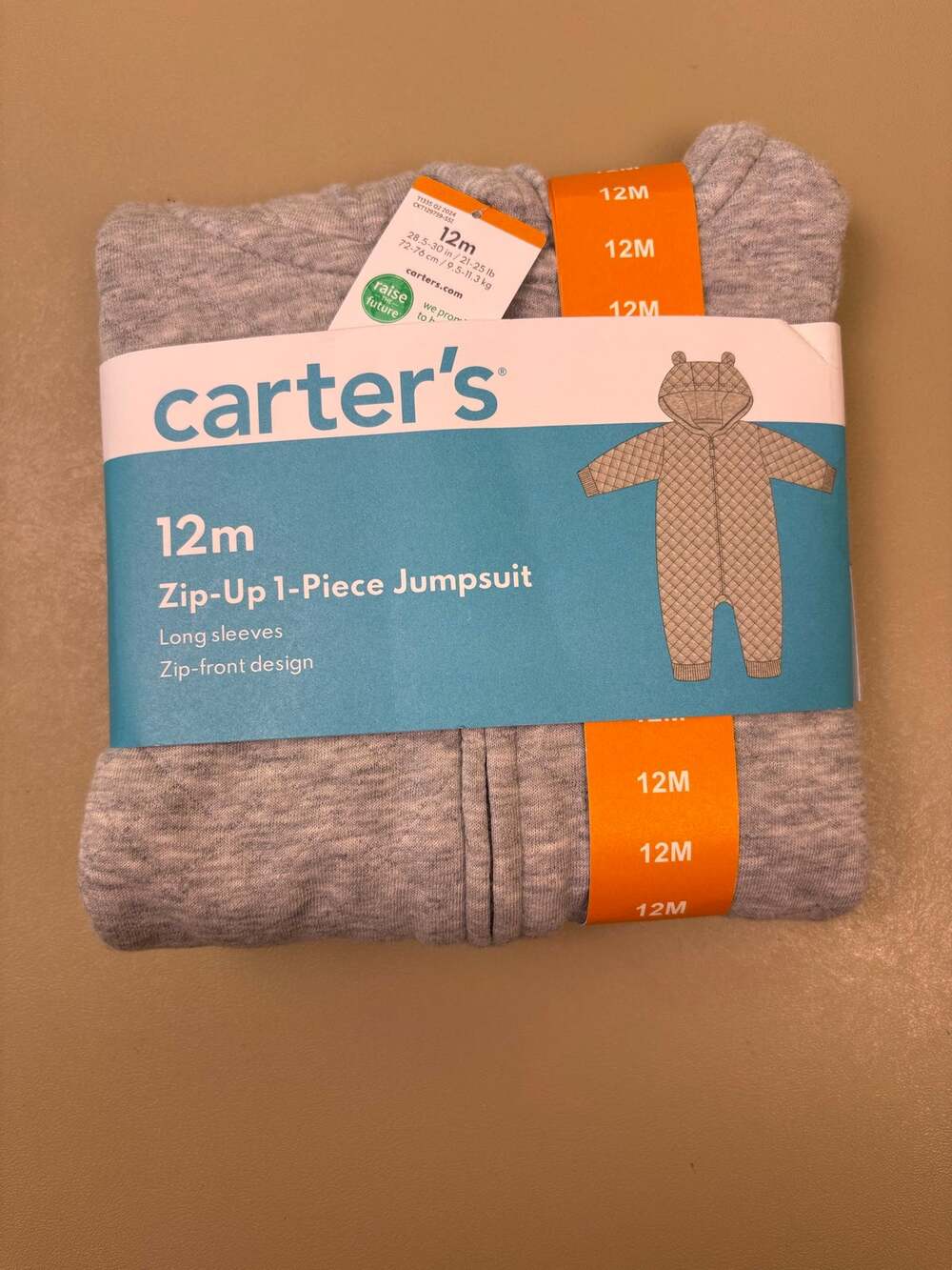 Carter’s Baby 12M Gray Quilted Hooded Zip Up Jumpsuit Bear Ears NIP